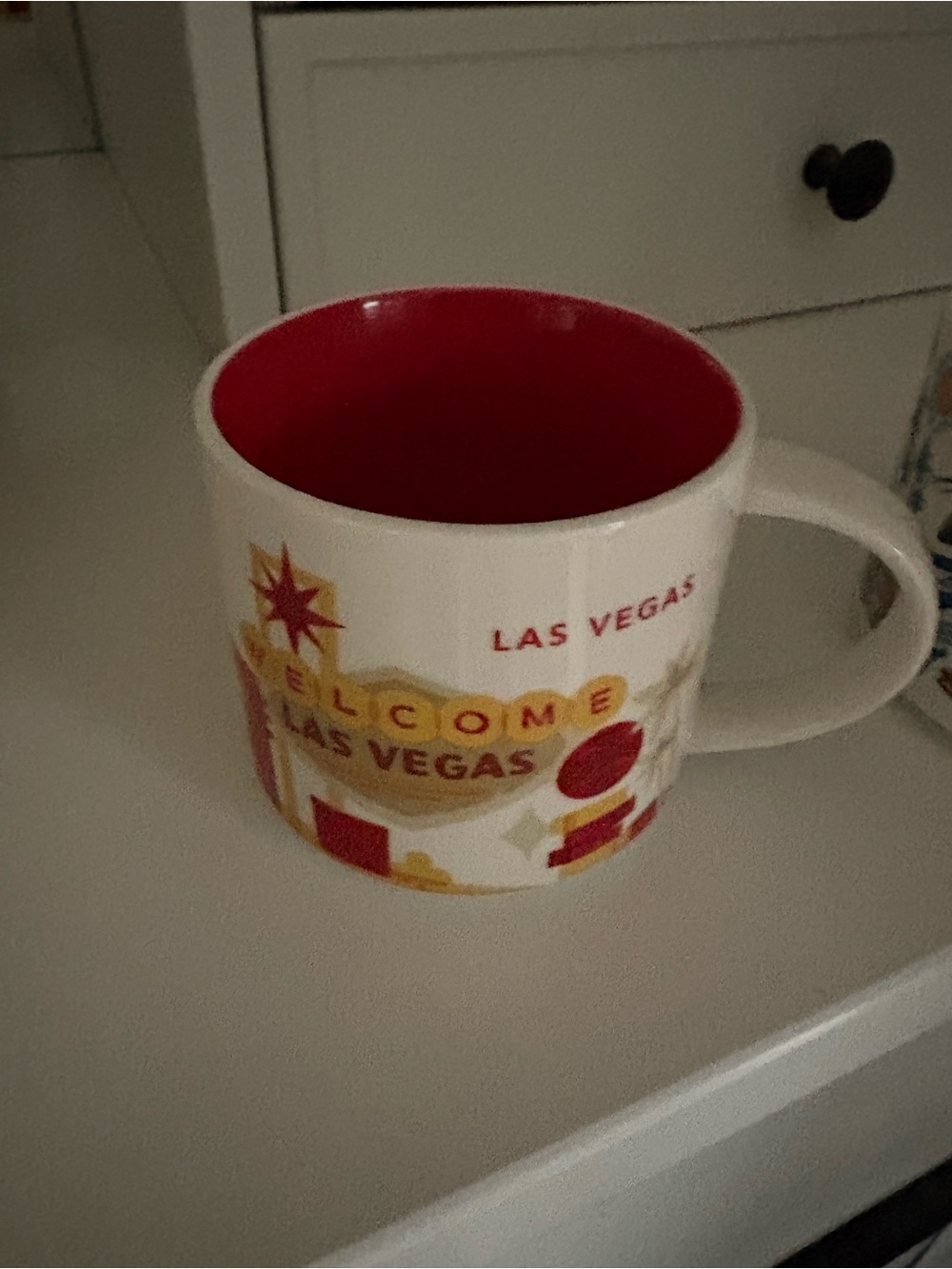 Starbucks White Mug with Red Interior and Yellow Accents